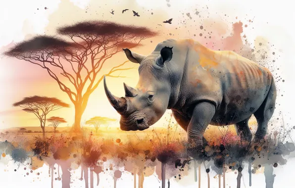 Look, face, paint, portrait, white background, Rhino, imitation of watercolor, imitation painting