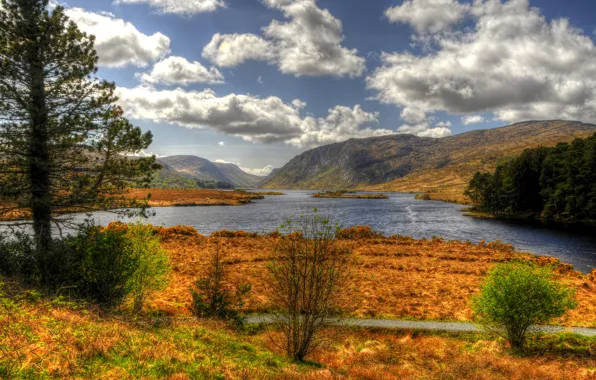 Autumn, the sky, clouds, trees, mountains, river, Ireland, Glenveagh National Park
