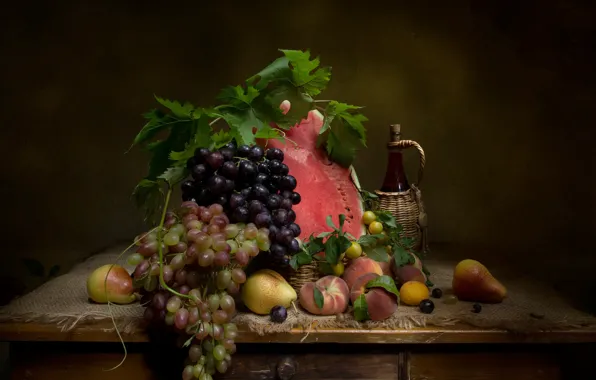 Leaves, table, wine, watermelon, grapes, fruit, still life, peaches