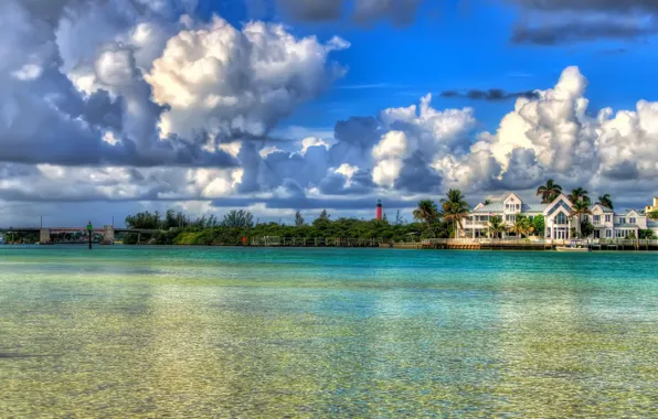 Sea, water, clouds, palm trees, mansion
