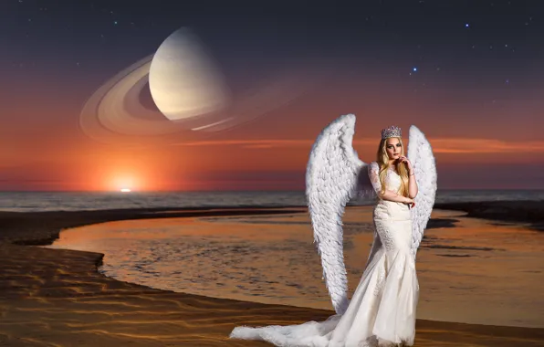 Picture sea, girl, sunset, pose, style, planet, wings, angel