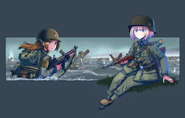 Water, background, girls, frame, soldiers