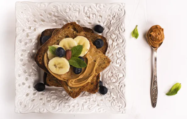 Plate, banana, sandwich, oil, toast, peanut