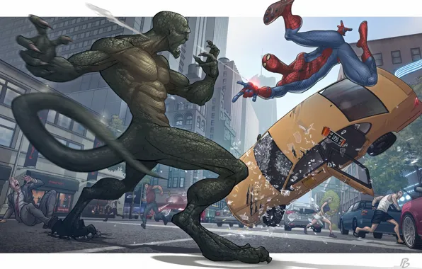 Picture the city, people, spider-man, fight, lizard, taxi, Patrick brown, The Amazing Spider-man