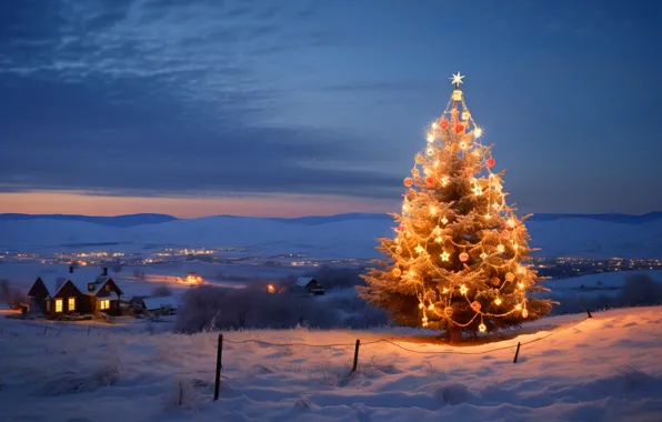Winter, snow, decoration, night, balls, tree, New Year, Christmas