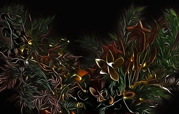 Flowers, branches, abstraction, rendering, fantasy, black background, picture, fabulous night