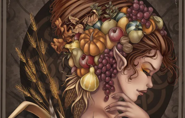 Girl, face, elf, art, hairstyle, grapes, profile, pear