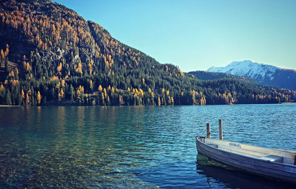 Picture the sky, mountains, lake, boat, shadow, solar