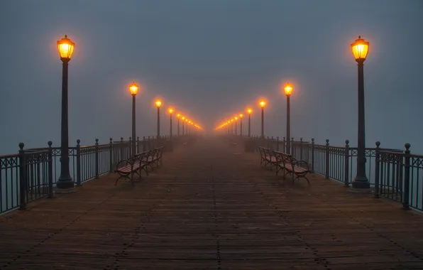 Picture bridge, fog, photo, the evening, lights, benches, benches