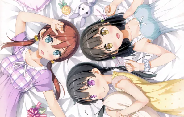 Pillow, blue eyes, on the bed, friend, visual novel, plush Bunny, Lollipop, slumber party