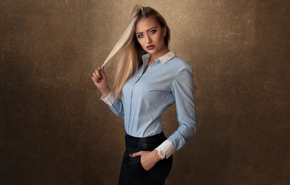Background, model, portrait, makeup, hairstyle, blonde, blouse, is