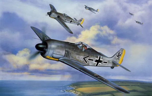 Picture war, art, painting, aviation, Fw 190, ww2, german fighter