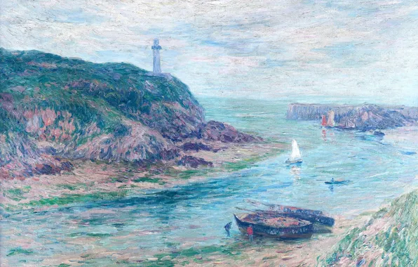 Sea, landscape, rock, boat, lighthouse, picture, tide, Bay