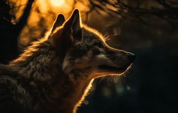 Forest, face, light, sunset, wolf, portrait, profile, digital art