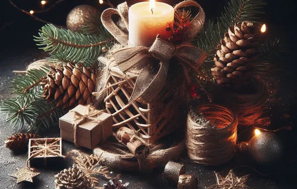 Stars, balls, lights, the dark background, box, gift, candle, Christmas