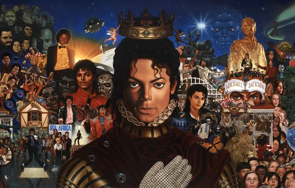 Picture collage, figure, star, crown, art, Michael Jackson, celebrity, glove