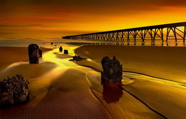 Picture sea, sunset, bridge, shore