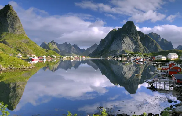 Mountains, lake, home, Norway, town