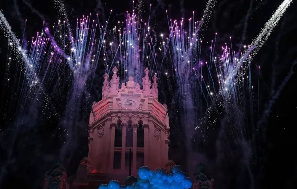 Holiday, fireworks, Spain, Madrid, Palace of Communications