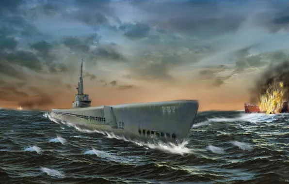 Picture sea, wave, the explosion, war, ship, submarine