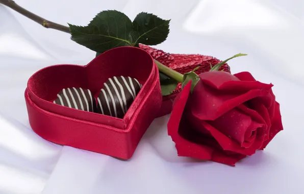 Rose, candy, red, heart, box