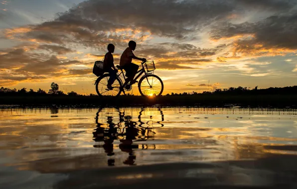 Picture bicycle, twilight, sky, landscape, nature, Sunset, water, clouds