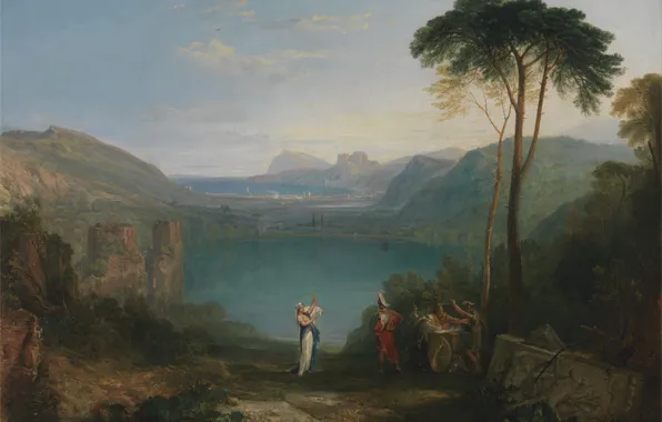 Trees, landscape, mountains, lake, picture, myth, William Turner, Lake Avernus - Aeneas and the Cumaean …