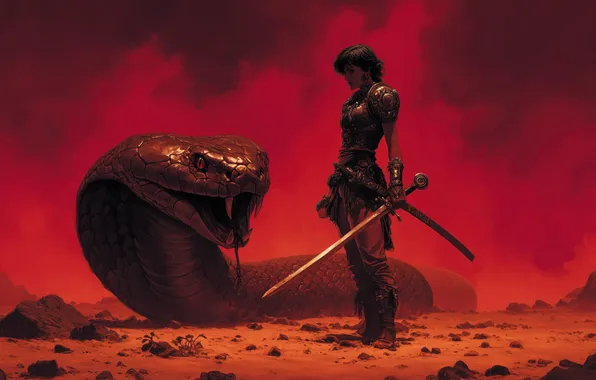 Red, sword, snake, women, warrior, fantasy art, illustration, oil painting
