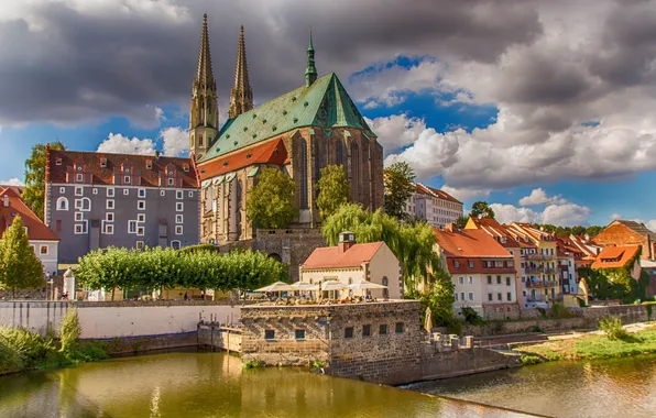 Clouds, river, home, Germany, Saxony, Görlitz, The Church of Saints Peter and Paul