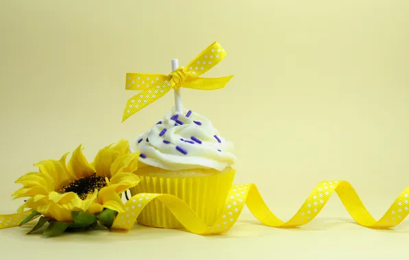 Sunflowers, flowers, bow, cream, cupcakes, powder