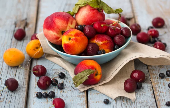 Picture cherry, berries, plate, fruit, still life, peaches, currants, apricots