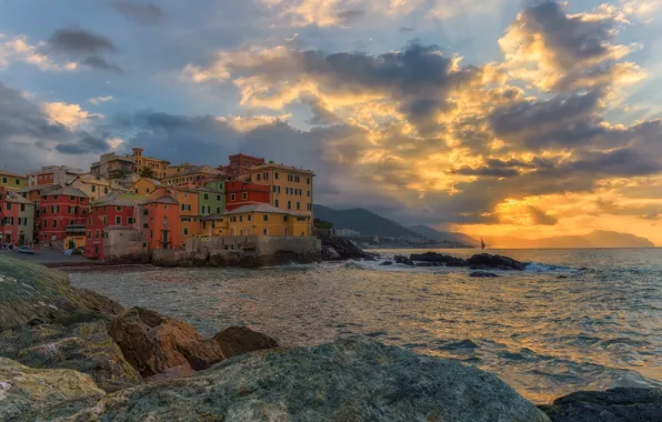 Sea, sunset, coast, building, home, Italy, Italy, Italian Riviera