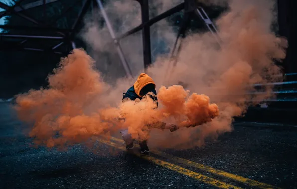 Orange, Bridge, Men, Shadow, Smoke