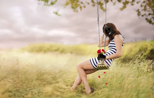 Girl, flowers, swing, mask