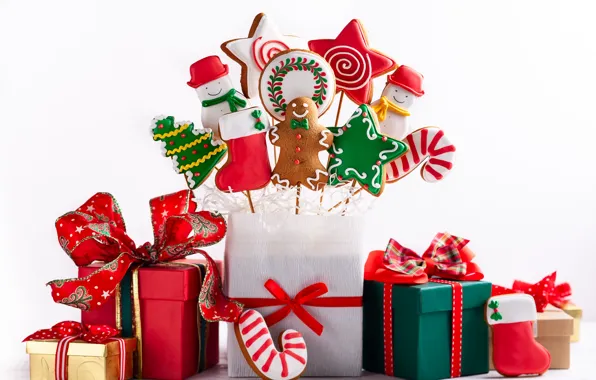 Holiday, new year, men, candy, gifts, decor, composition, gingerbread