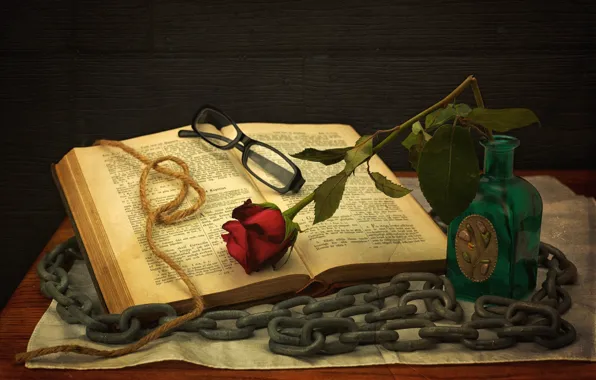 Rose, glasses, chain, book, still life, string