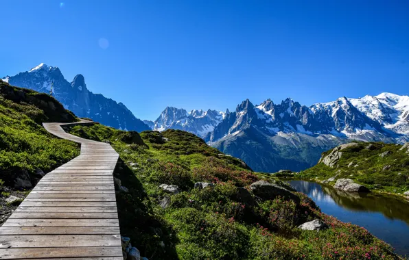 Landscape, mountains, nature, lake, France, Alps, track, Chamonix