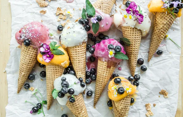 Picture berries, ice cream, dessert, sweet, waffle cone