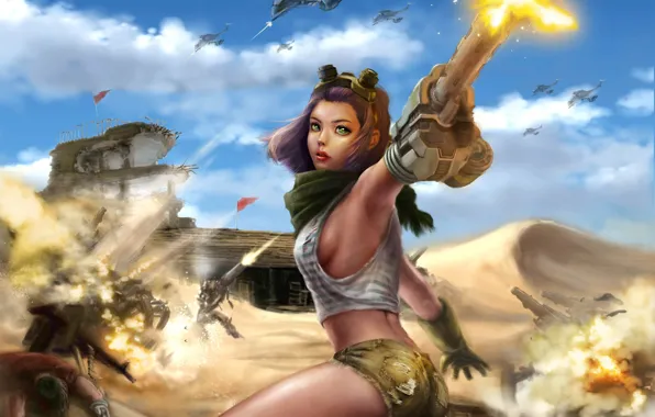 Sand, girl, weapons, ships, art, dunes, shooting, ruins