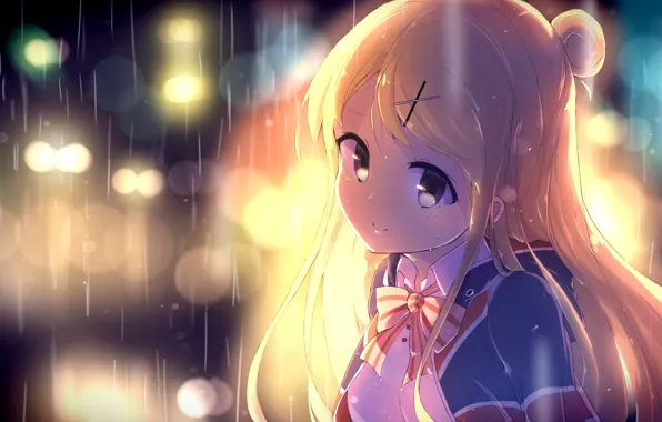 Girl, smile, rain, anime, art, kujou karen, kiniro mosaic, nitro