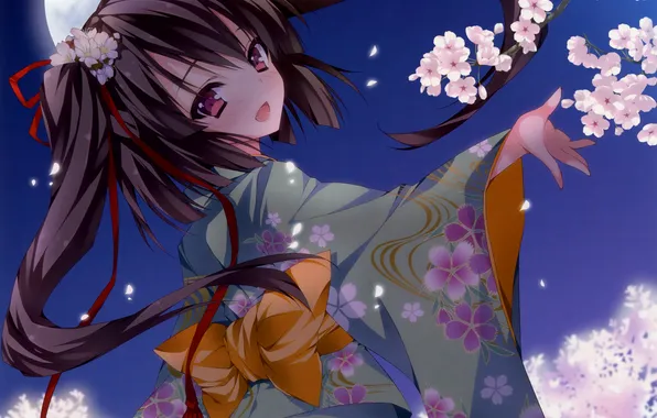Picture girl, trees, night, branch, the moon, anime, petals, Sakura