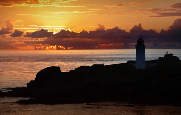 Sea, the sky, rocks, dawn, lighthouse