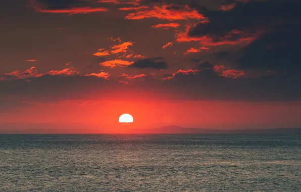Wave, the sky, clouds, sunset, red, horizon