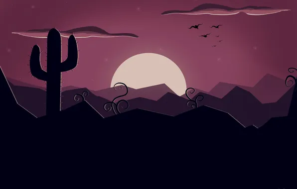 Picture the sun, sunset, pink, black, vector, cactus