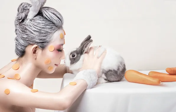 Girl, carrot, rabbit