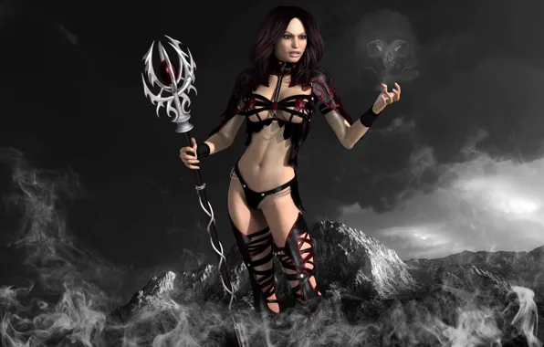 Mountains, magic, smoke, skull, Girl, staff, sorceress