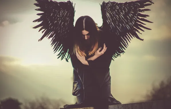 Picture girl, pose, black, woman, wings, angel