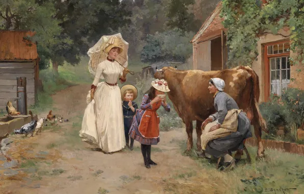 Picture 1908, French painter, French painter, Visits to the farm, Emile Dameron, Visit to the farm, …