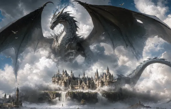 City, fantasy, dragon