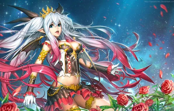 Girl, figure, rose, anime, crown, petals, fantasy, art